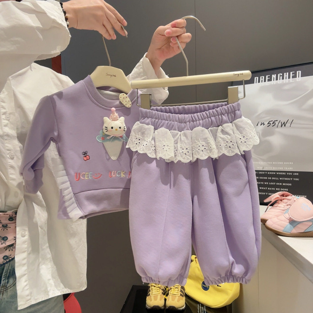Girls' Two-Piece Casual Set, Baby Girl Korean Style Pullover with Lace & Cat Doll, Separated Fake Skirt Hem Outfit