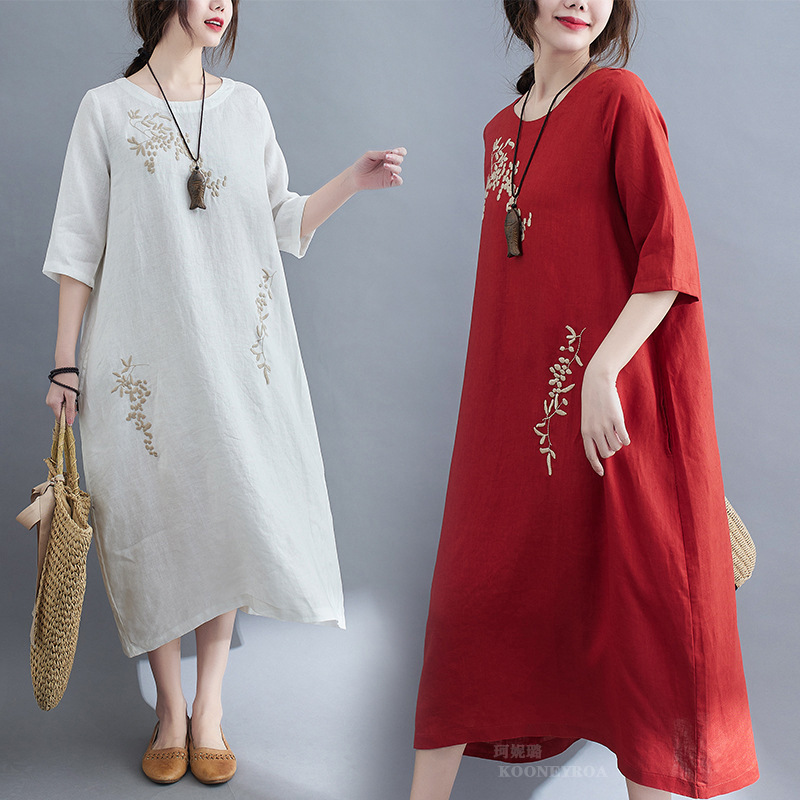 Cotton Dress 2021Summer New Retro Large Code Women Embroidery Loose Hedging Show Thin Amazon Foreign trade MM  棉麻连衣裙2021夏新款复古大码女装刺绣宽松套头显瘦亚马逊外贸MM Cotton Dress 2021Summer New Retro Large Code Women Embroidery Loose Hedging Show Thin Amazon Foreign trade MM 