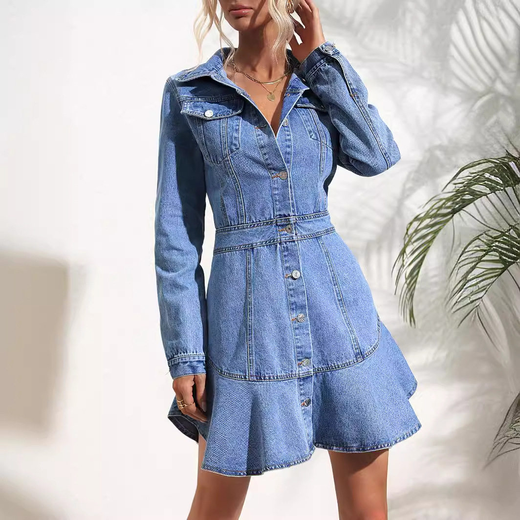 Vintage Inspired Long Sleeve Denim Dress Slim Fit Waist Cinching Design Casual Style Ready to Ship