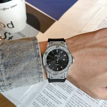 Popular cross-border brand diamond-encrusted large dial fashionable diamond-filled high-end men's watch with calendar men's watch silicone watch