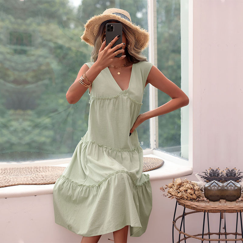 Sleeveless V Neck Cotton Linen Dress Solid Color Summer Style Casual Wear Wholesale Available