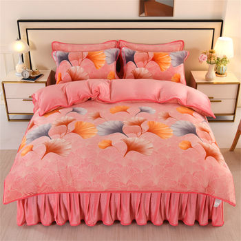 Live Broadcast Popular High-Weight Milk Velvet Four-Piece Set, French Velvet, Golden Mink, Fox, Warm Bed Skirt, Three-Piece Set, Full Pattern