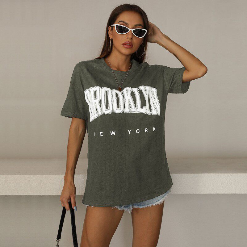 Loose Fit Printed Black T Shirt for Women Summer Style Round Neck Casual Wear Wholesale Available