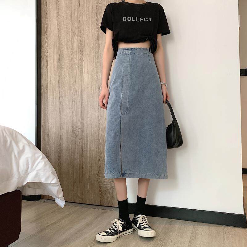 Vintage High Waisted A Line Denim Midi Skirt Slim Fit Side Slit Versatile Style Spring Summer Fashion Wholesale