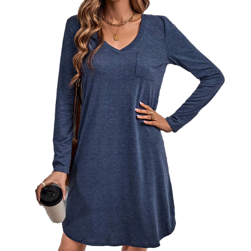 Loose Fit Solid Color Long Sleeve Dress V Neck Casual Style Spring Summer Fashion Wholesale Available
