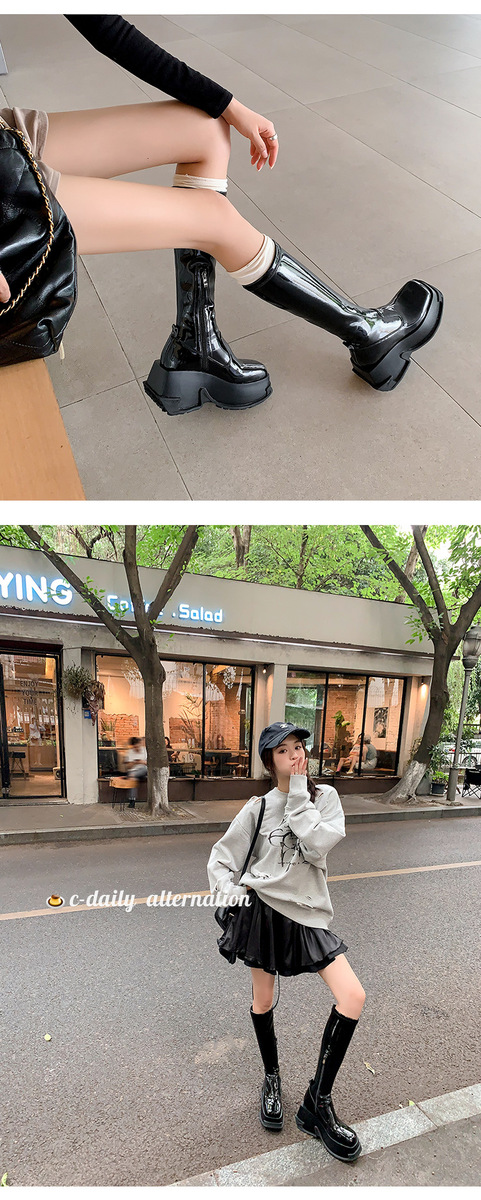 Boot nữ cổ cao ôm bắp chân gót vuông 9cm tăng chiều cao, đế dày chống trượt — Da sáng chế màu đen lót nhung ống nhỏ, Lót nhung ống nhỏ màu be, Màu đen bằng sáng chế da ống nhỏ bên trong, Màu đen da bò ống nhỏ lót một lớp