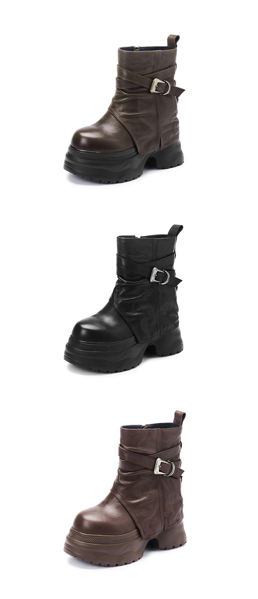 Boot nữ cổ thấp tăng chiều cao 12cm đế dày khóa kéo bên hông — Kaki lót đơn, Lớp lót đơn màu đen, Lớp lót đơn màu nâu, Lót nhung đen