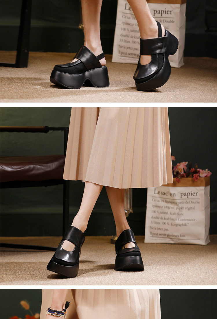 Sandal nữ quai ngang đế dày da bò thật mũi tròn — màu đen