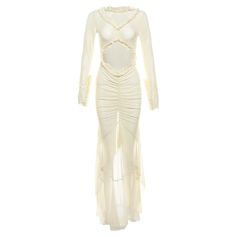 Summer Womens Dress V Neck Sheer Hollow Out Ruffled Lace Slim Fit Perfect for Parties and Events Wholesale