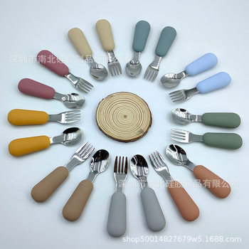 Children's stainless steel spoon Fork suit silicone handle food supplement spoon Fork baby training spoon feeding spoon maternal and child feeding