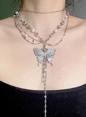 潮酷时尚水钻蝴蝶珍珠流苏多层叠戴锁骨链个性级多种戴法项链