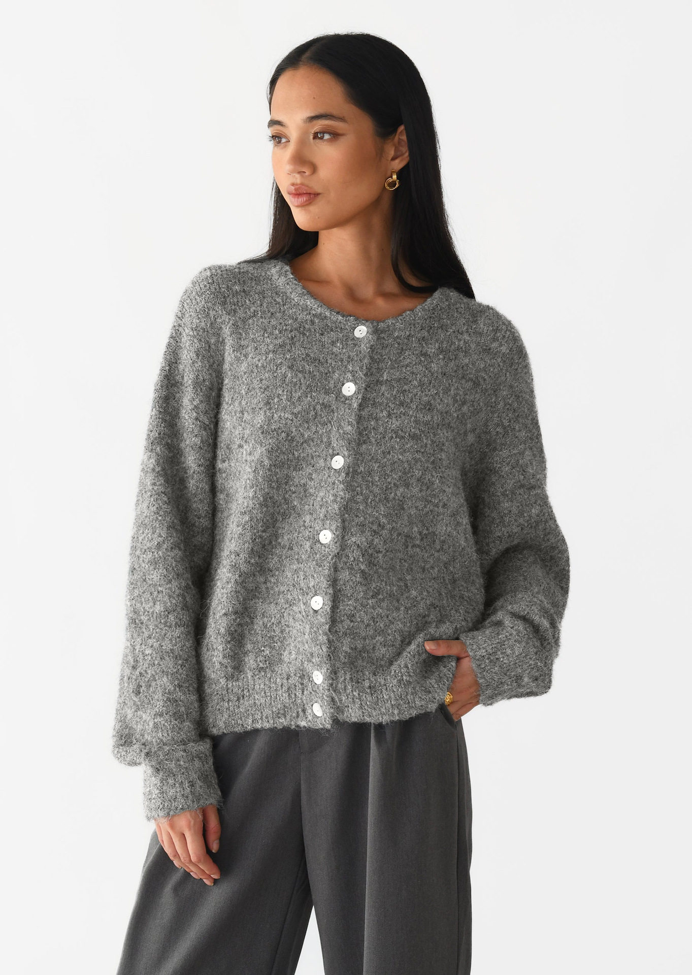 Womens Vintage Grey Wool Cardigan Soft Knit Versatile Button Closure Casual Wear Fall Winter Wholesale