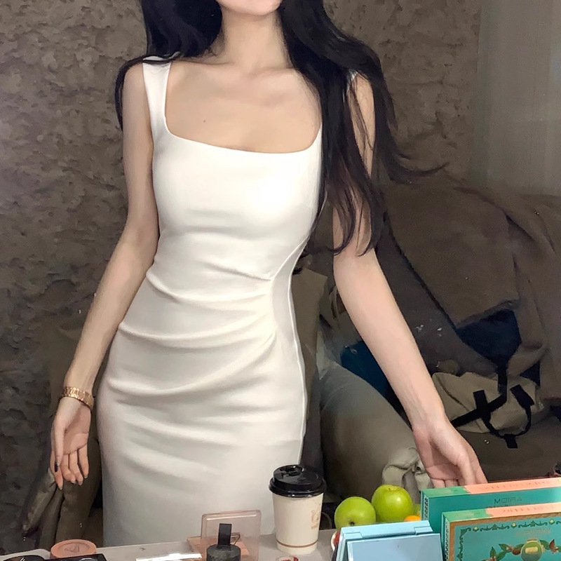 Đầm dây ôm body cổ vuông dáng dài thanh lịch cho nữ — núi tuyết trắng