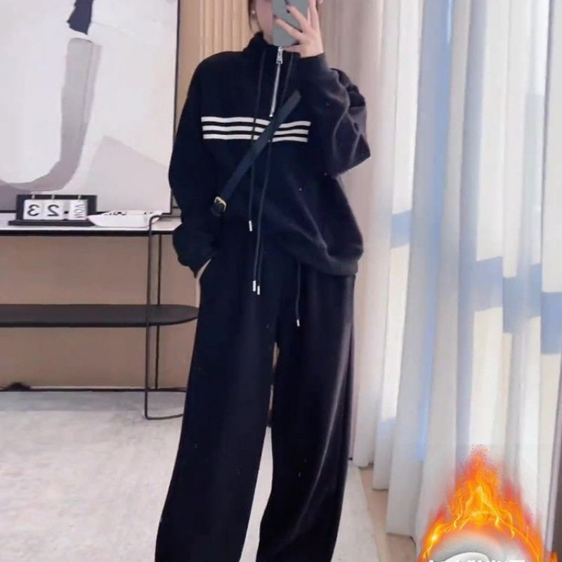 Plus Size Slimming Set Winter New Age-Reducing Fashion Sweatshirt Women's Fleece Thickened Casual Pants Two-Piece Set