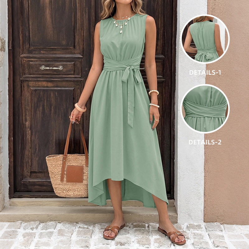 Sleeveless A Line Dress Solid Color Waist Defined Tail Hem Ideal for Vacation or Casual Events Wholesale Available