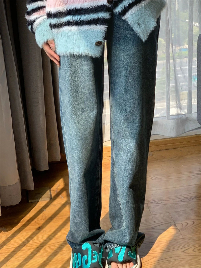 Retro Color Block Straight Leg Jeans for Women Loose Fit Versatile Flattering Design Spring and Autumn Style