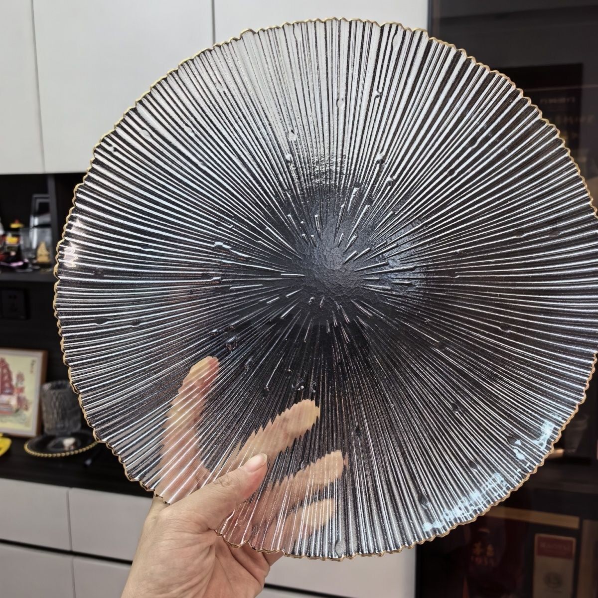 Japanese-Style Striped Glass Plate, Trendy Household Transparent Tableware, Fruit Plate, Western-Style Salad Bowl, Dinner Plate, Dish, Fireworks