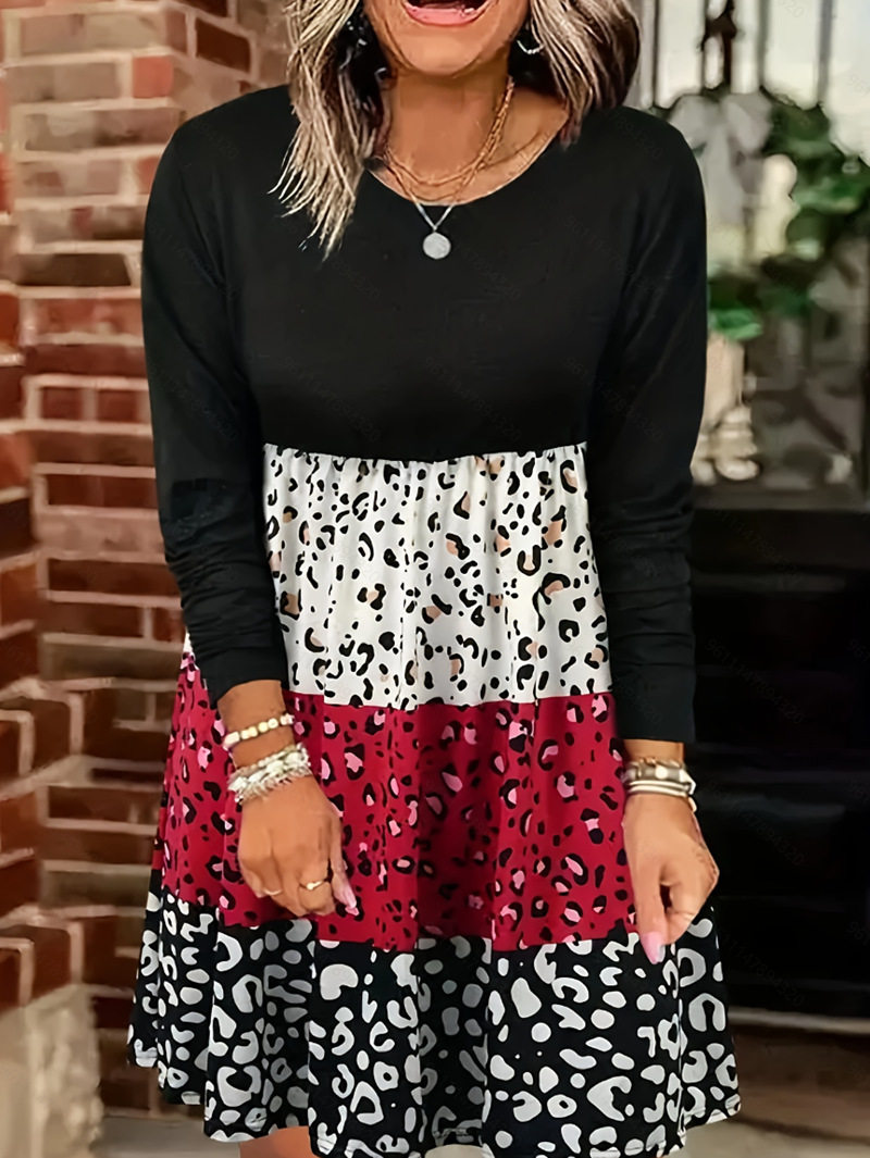 Color Block Printed Long Sleeve Dress Fall Winter Collection Casual Wear for Women Wholesale Available