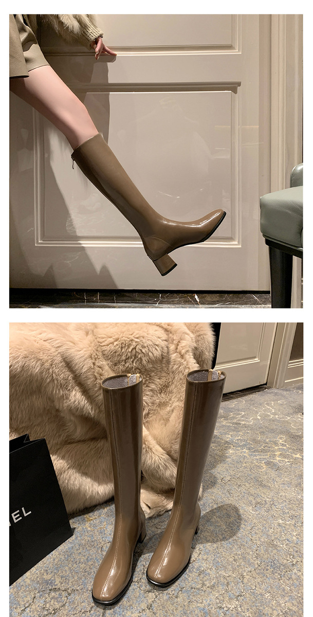 Boot nữ cổ cao ôm bắp chân da bò mũi tròn gót vuông — Màu be lót nhung bên trong, Màu đen lót heo, Màu đen lót nhung, Màu xám lót lợn