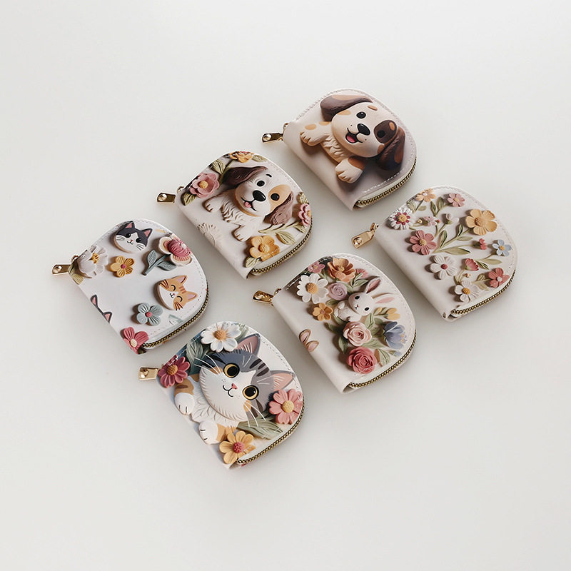 Korean Version Cute Cat Coin Purse Cartoon Print Small Animal Wallet for Girls Multifunctional Portable Card Holder Card Set Batch