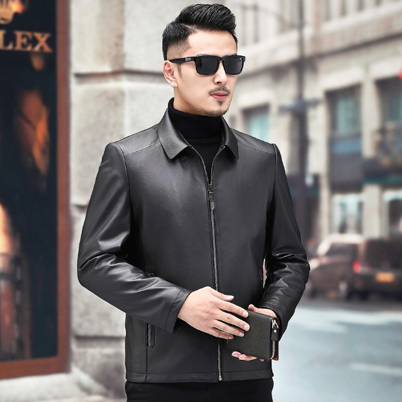 Áo Khoác Da Cừu Nam Dáng Ngắn Cổ Bẻ Slim Fit Phong Cách Doanh Nhân Màu Đen