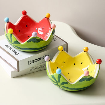 Ceramic Watermelon Fruit Bowl with Fork Home Living Room Coffee Table Fruit Plate Bowl Creative Cute Stainless Steel Fork Set
