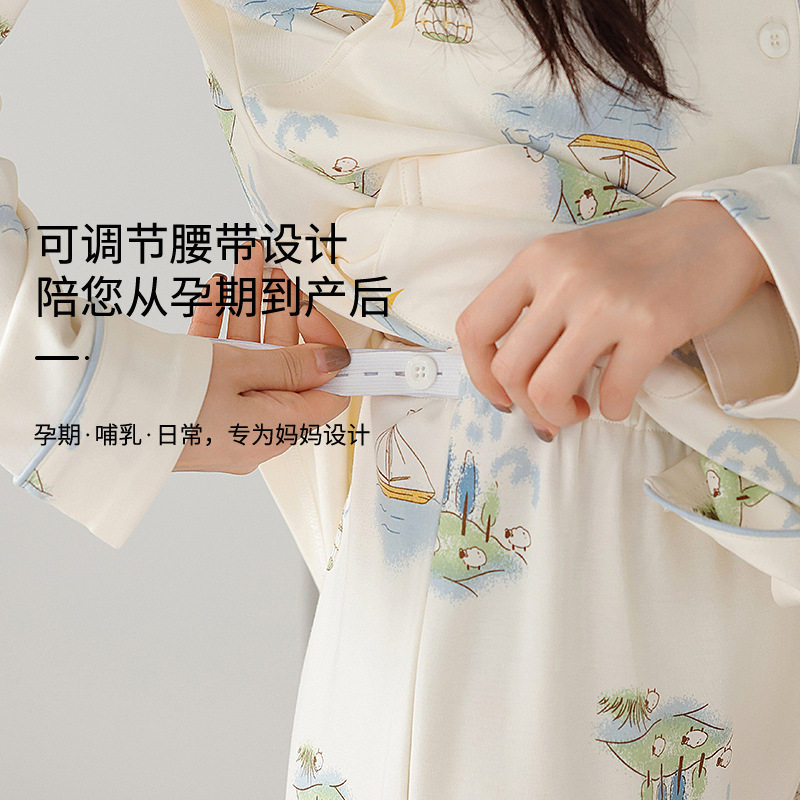 Pure Cotton Moon Clothing Invisible Side Opening Pregnant Women's Pajamas Postpartum Breast-feeding Clothing Autumn and Winter Women's Home Clothing