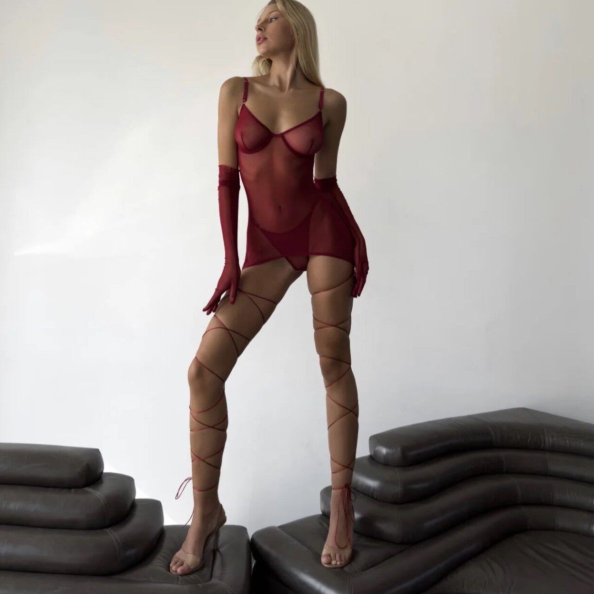 欧美外贸女装外贸网布透视简约款套装吊带两件套情趣内衣手套塑身