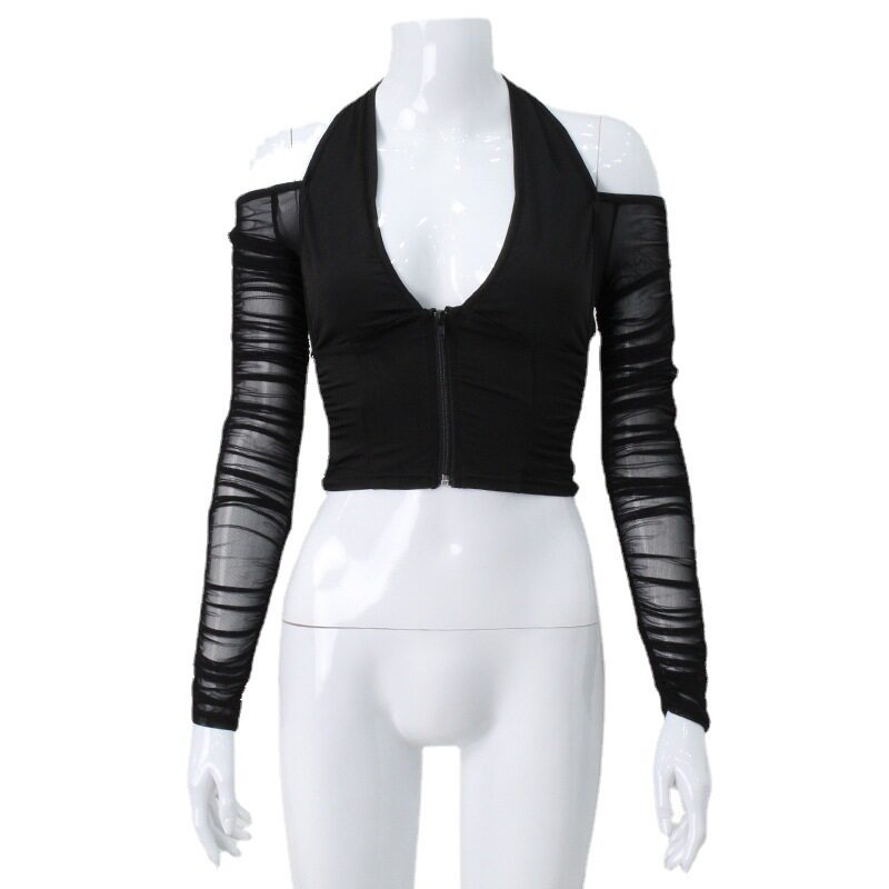 Sexy Deep V Neck Halter Top Sheer Mesh Panel Off Shoulder Long Sleeve Slim Fit Night Out Party Wear Wholesale