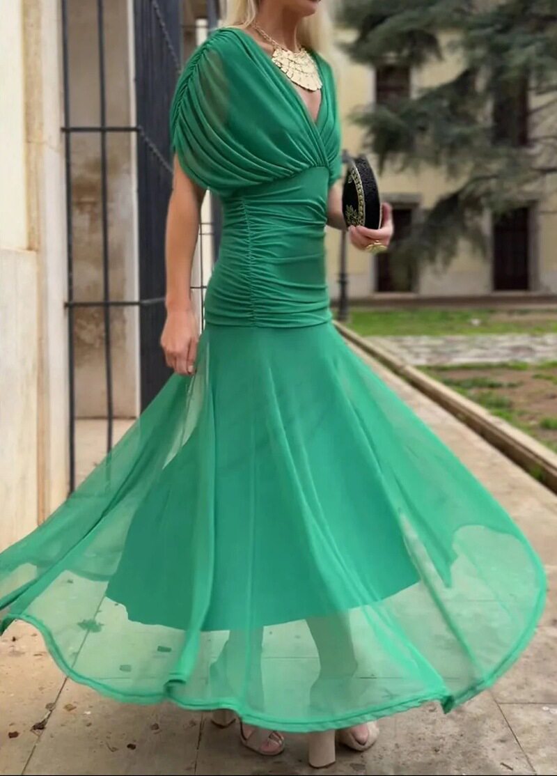Elegant Womens Solid Color Deep V Neck Mesh Dress Waist Defined Autumn Style Wholesale Available