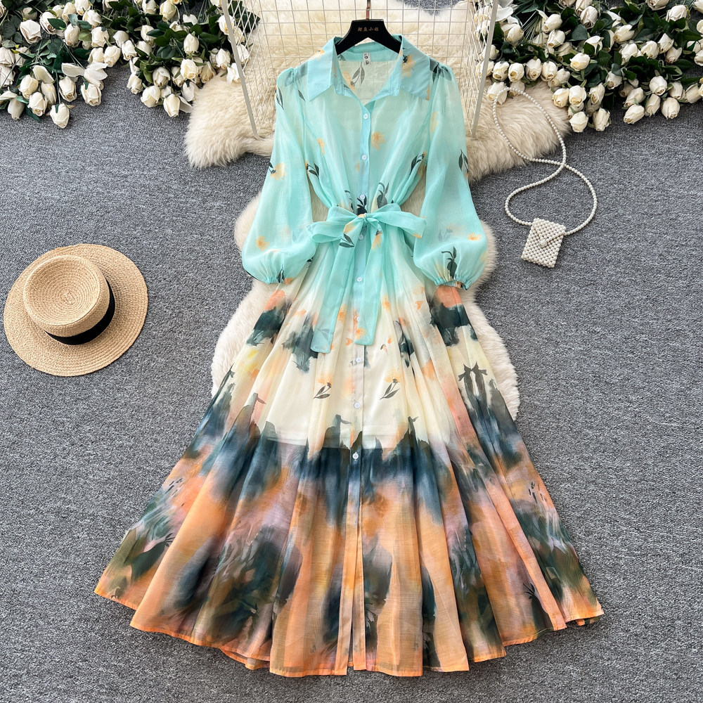 Tie Dye Gradient Print Dress Long Sleeve Waist Defined A Line Elegant Style Autumn Casual or Vacation Wear
