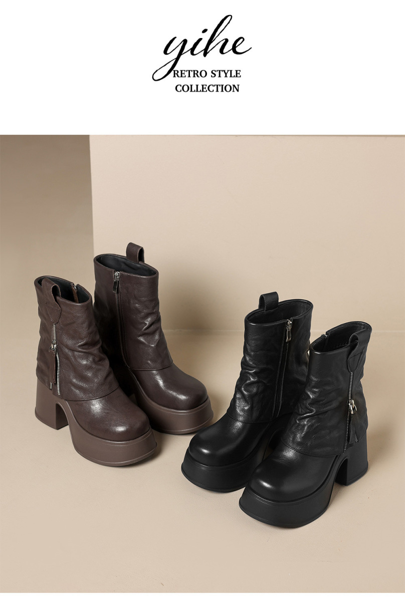 Boot nữ cổ ngắn gót thô tăng chiều cao 10cm, da bò thật, đế dày — Lớp lót đơn màu đen, Lớp lót đơn màu nâu, Lót nhung đen, Lót nhung màu nâu