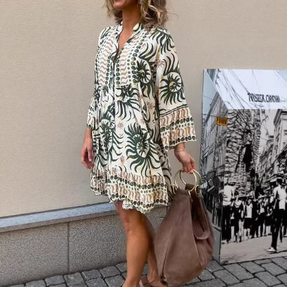Floral Print V Neck Long Sleeve Loose Casual Dress Summer Collection Womens Fashion OEM Available