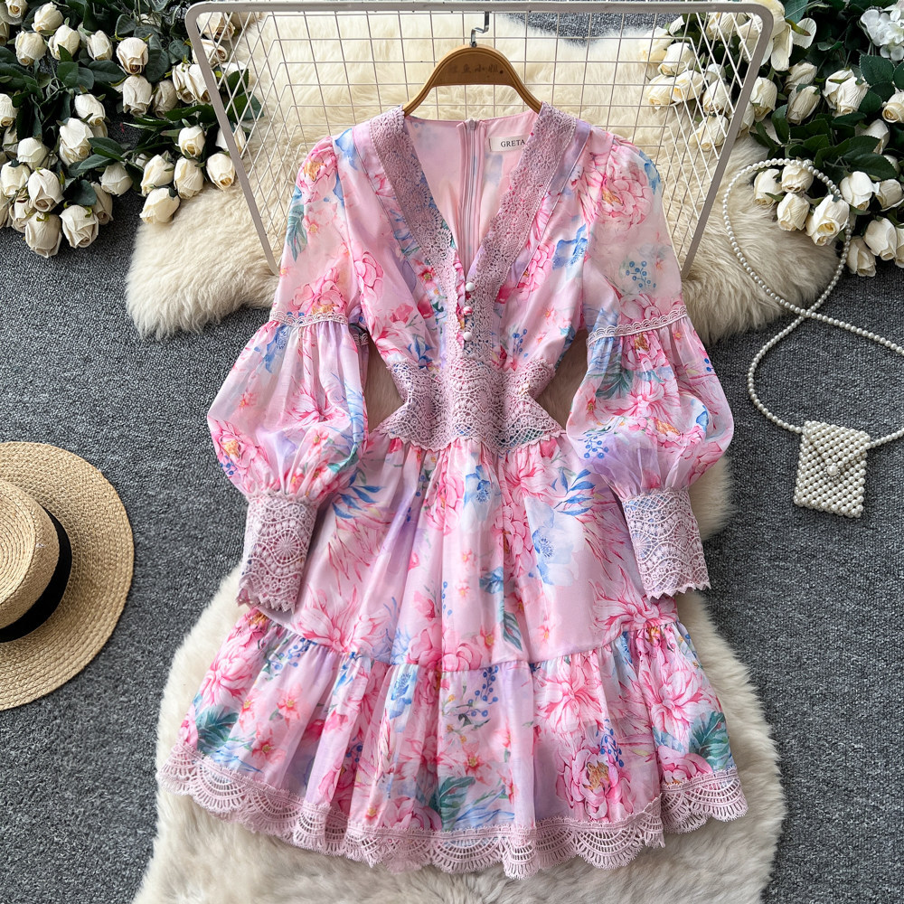 Floral Print Long Sleeve V Neck Dress Slim Fit Waist Defining Elegant A Line Perfect for Formal Events Wholesale