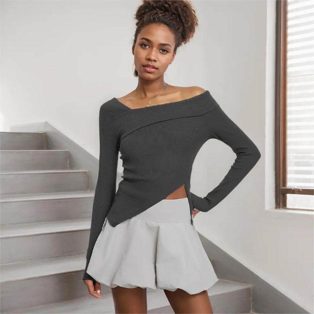 Womens Slim Fit Solid Color Irregular Long Sleeve T Shirt Elegant Versatile Korean Style Perfect for Casual Wear