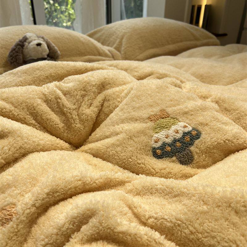 Ins Winter Thickened Teddy Fleece Yellow Towel Embroidered Christmas Tree Milk Fleece Four-Piece Set Coral Fleece 1.5m 1.8 m