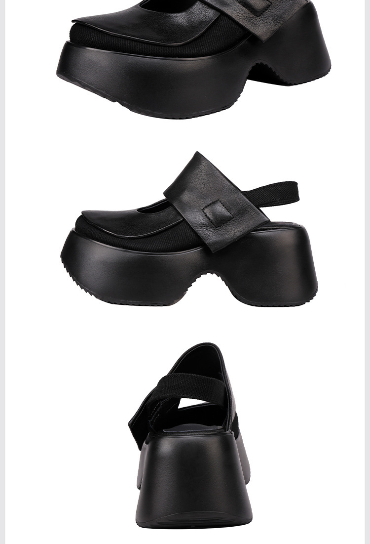 Sandal nữ quai ngang đế dày da bò thật mũi tròn — màu đen