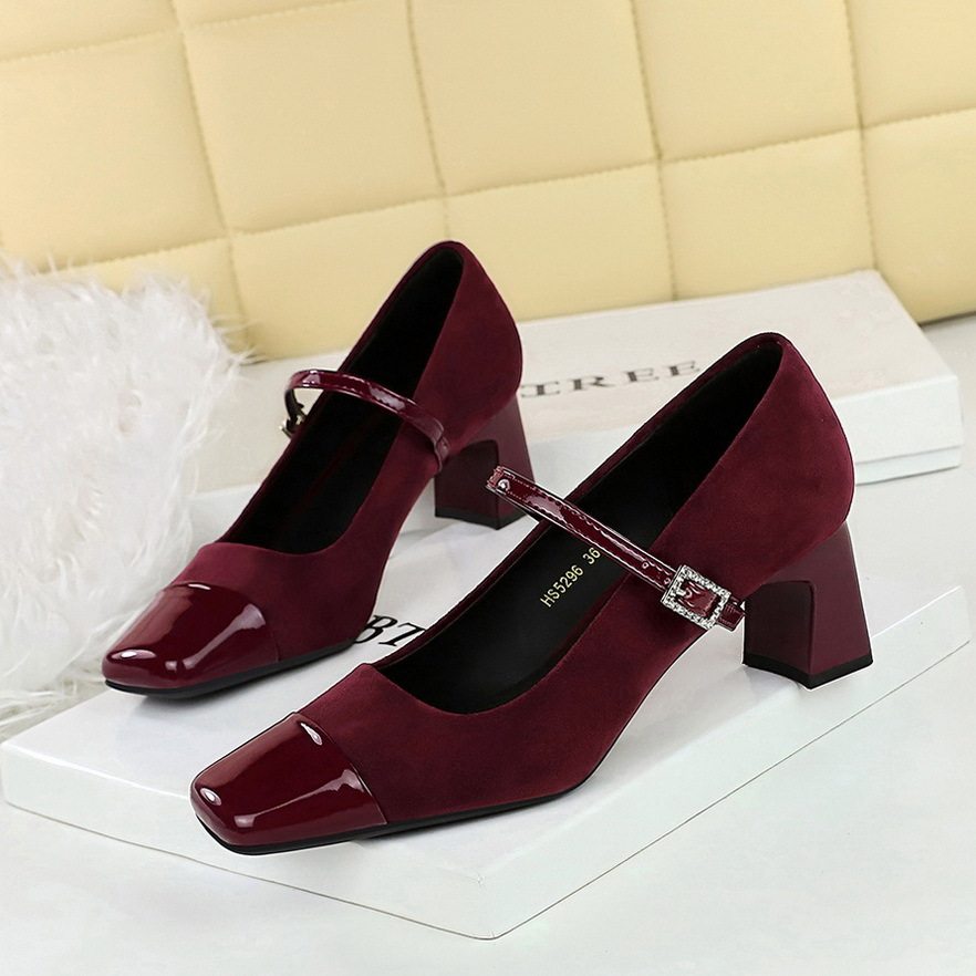Giày Búp Bê Nữ Da Mờ Quai Ngang Khóa Đá Chiều Cao Đế Khoảng 5cm Màu Đỏ Rượu, Nâu, Đen, Da Báo...