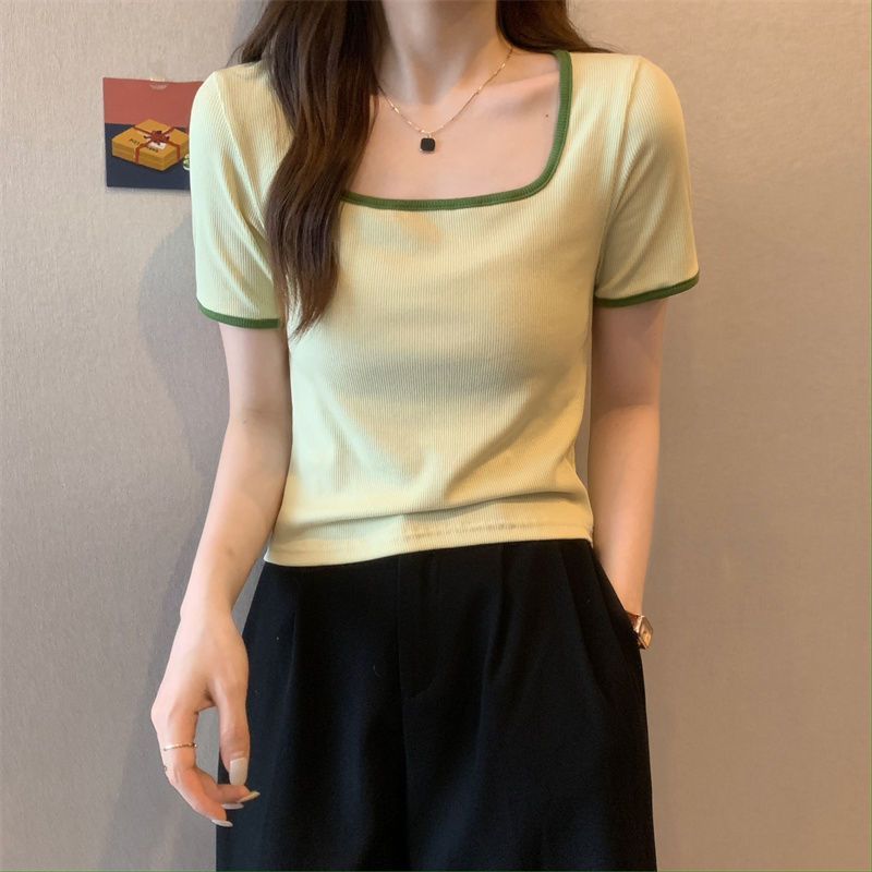 Plus Size Womens Short Sleeve T Shirt Square Neck Slimming Fit Comfortable Fabric Spring and Autumn Layering