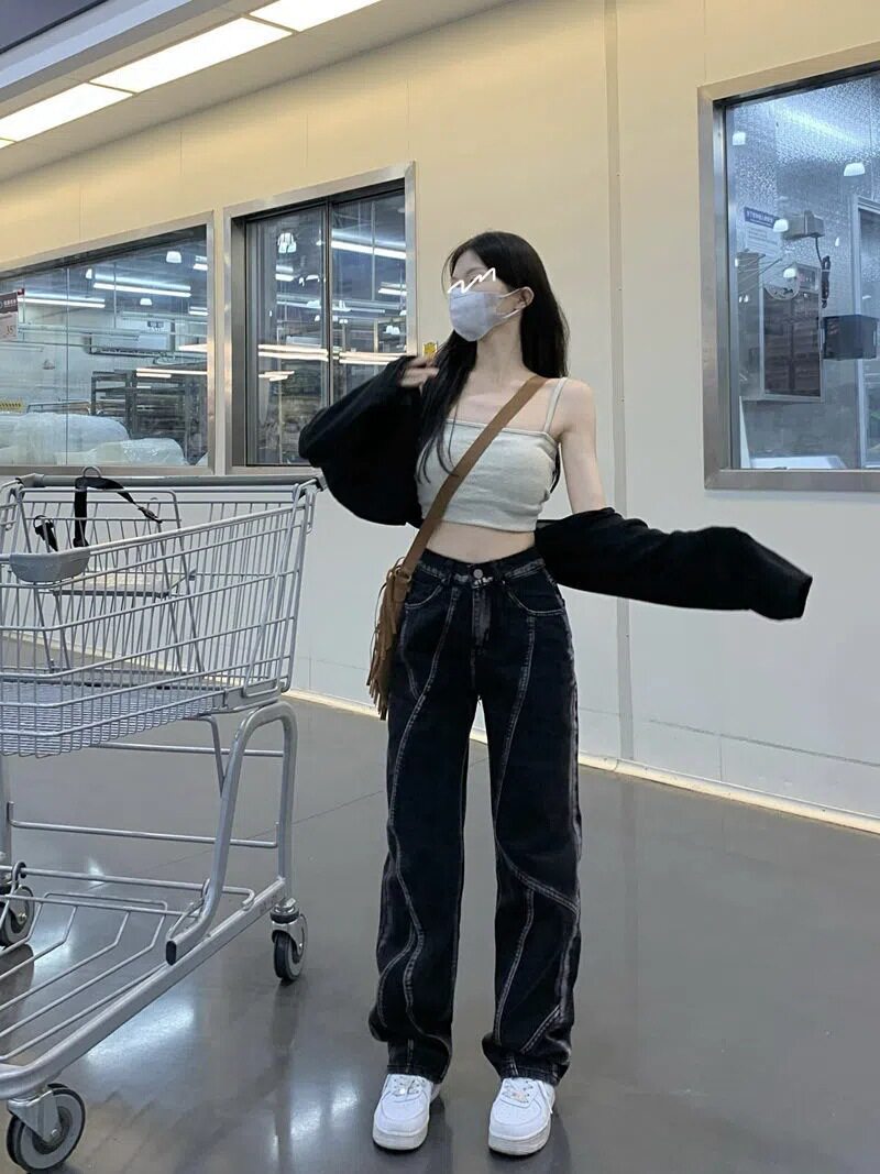 Womens American Street Style Wide Leg Denim Pants Spring Collection Loose Fit High Waisted Floor Length Casual