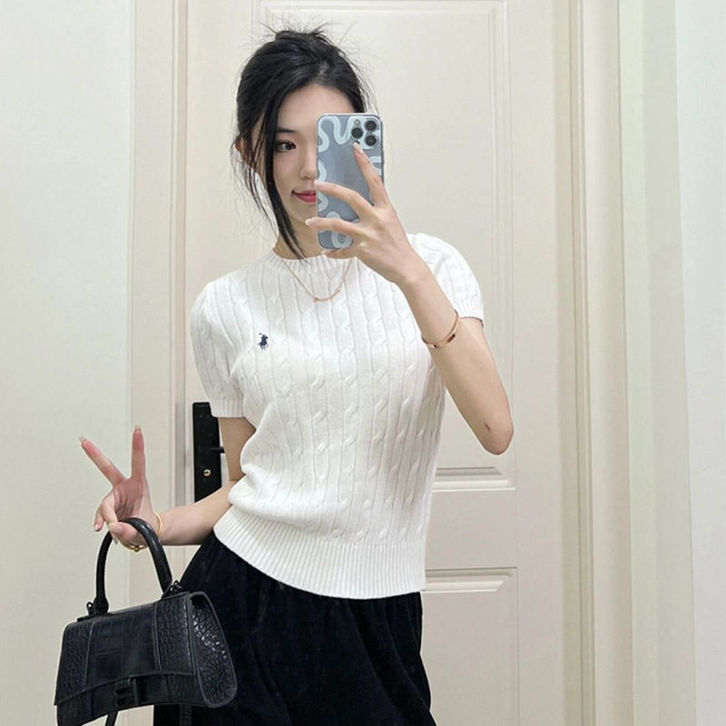 RL Raff เสื้อถักแขนสั้น ฤดูร้อน สไตล์คลาสสิก ปักลายม้าโพนี่ เสื้อสเวตเตอร์ทรงสลิมฟิต ท็อปสำหรับผู้หญิง