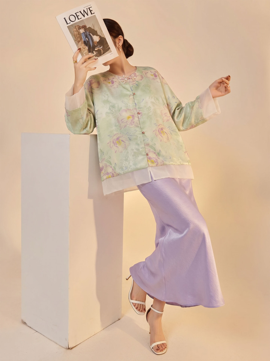 Bộ áo khoác dệt jacquard dáng dài tay kèm chân váy dài nữ tính — Chân váy màu tím, Xuân Huy Lục, Bộ