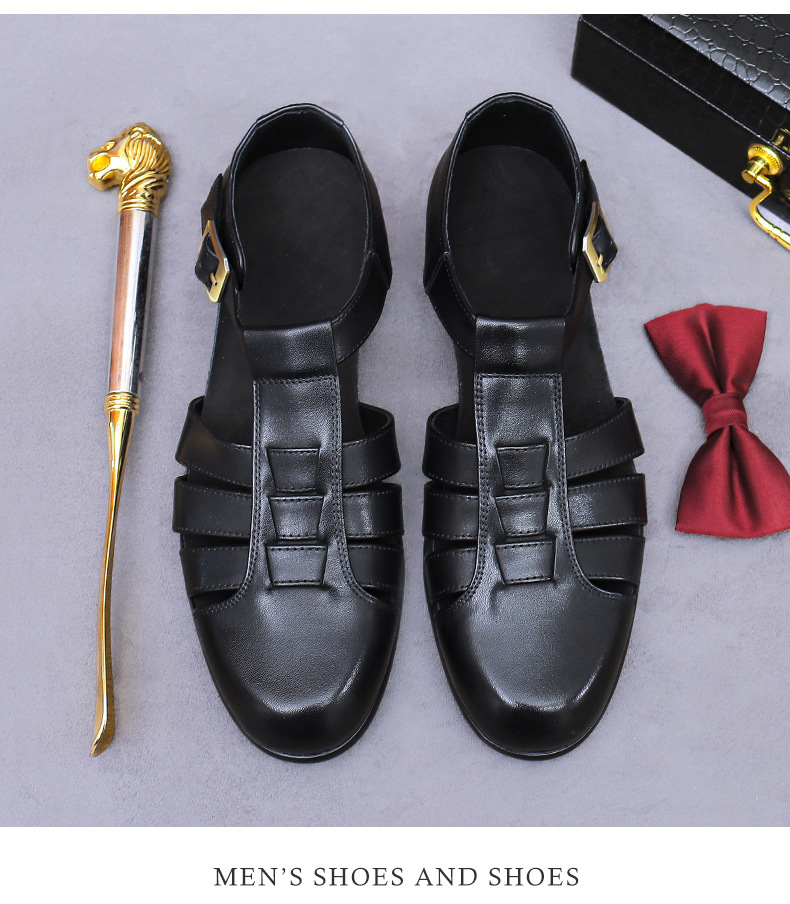 Dép sandal nam bít mũi da bò cổ điển khóa cài thoáng khí — Màu nâu, Màu đen