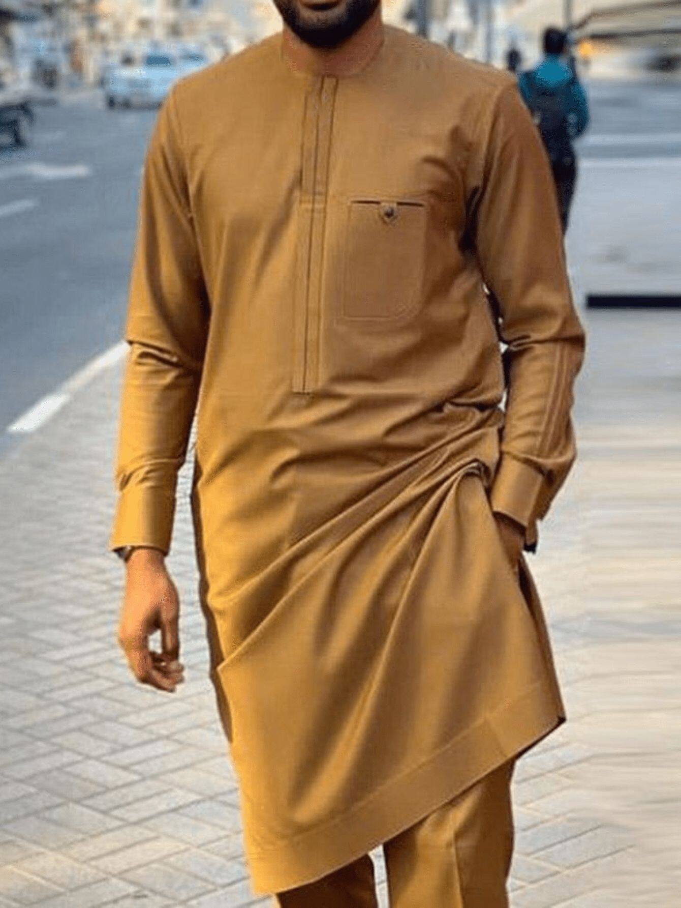 2023非洲民族风男士休闲套装2件套长袖纯色拼接衬衫和裤子套装