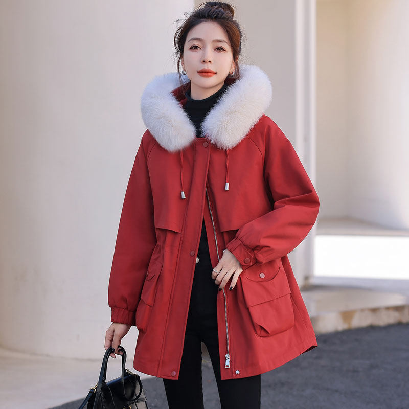 Áo Khoác Parka Nữ Cotton Dáng Ôm Thu Eo Lót Lông Dày Dặn Phong Cách Hồng Kông Màu Xanh Olive, Đỏ