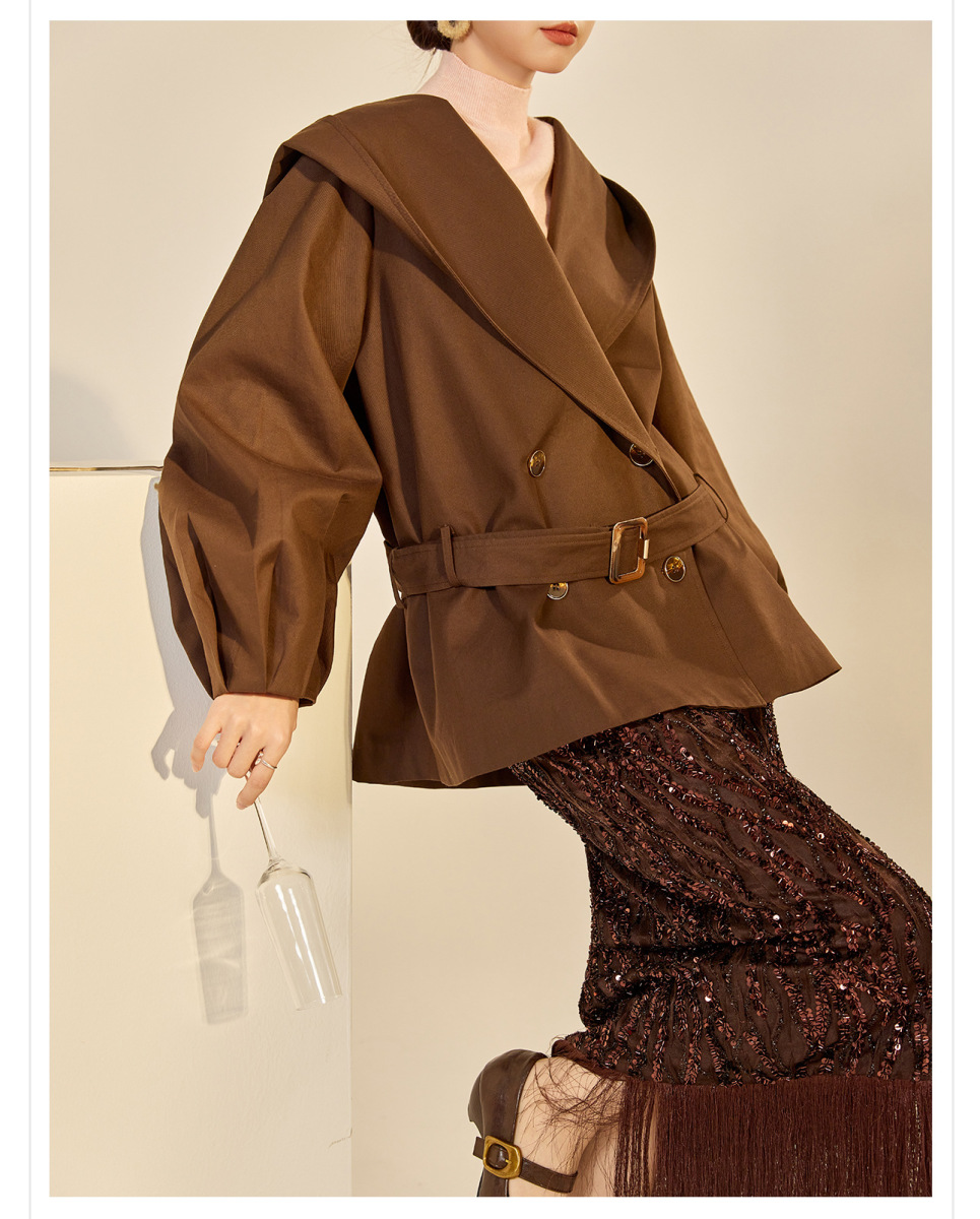 Áo khoác dạ nữ dáng dài buộc dây phối mũ, phong cách thanh lịch — Cacao Brown (7 ngày)
