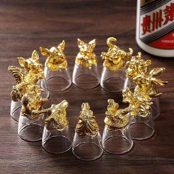 Chinese Zodiac Liquor Cup Set with Liquor Dispenser, Household Glass Wine Set, 12 Small Shot Glasses, Bullet-Shaped Single-Serving Cups, National Style