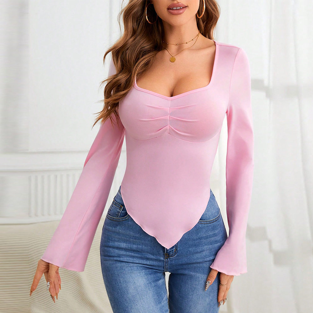 Womens Knit Long Sleeve T Shirt Slim Fit Asymmetrical Hem Heart Shaped Neckline Spring Summer Fashion Wholesale