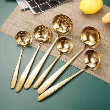 Stainless steel hot pot spoon colander thickened golden long handle soup shell household hot pot cooking kitchenware soup spoon colander wholesale
