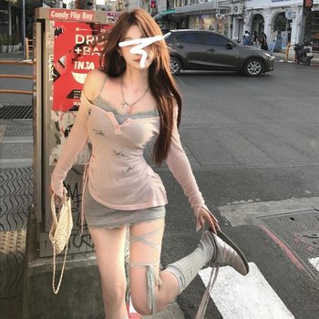 New Pure Desire Style dress Slimming Spice Girls Sexy Slim-Fit Design Sense Sunscreen Long Sleeve Blouse Drawstring Two-Piece Set